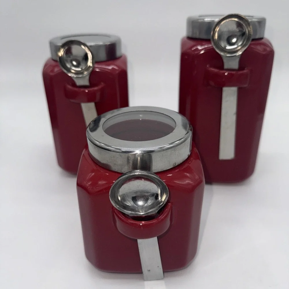 Set of 3 Red/Silver Mainstay Canisters With Spoons
